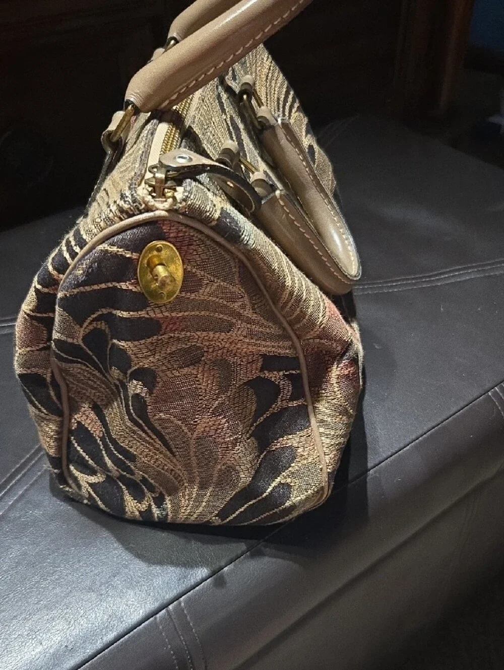 French~Tapestry Pattern Satchel Handbag in Tan and Black